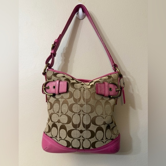 Coach Pink and Brown Signature Shoulder Bag